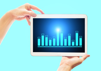 Business woman shows a tablet with a sales graph. Profit analytics. Financial and bank technology concept