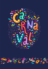 Vector Hand drawn Carnaval Lettering. Carnival Title With Colorful Party Elements, confetti and brasil samba dansing