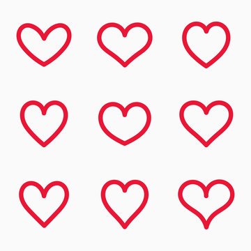 Set of red line hearts icons.