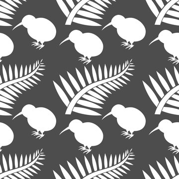 Kiwi bird and fern leaf, New Zealand symbols seamless pattern.