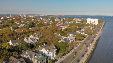 Skyline of Charleston at sunset, aerial view of South Carolina