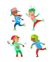 Children Christmas winter vacations holidays set vector. Kids playing snowball fight together, child wearing warm clothes on skating rink. Fun infants