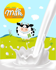 milk splash cow and farm board background.jpg..Milk Splash, Cow and Green Farm Land Design with Logo - Vector Illustration