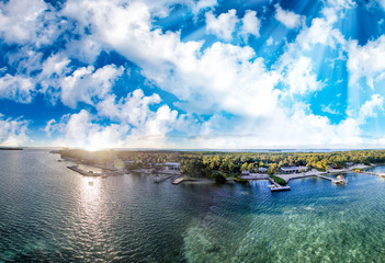 Panoramic aerial view of Islamorada coastline, Florida
