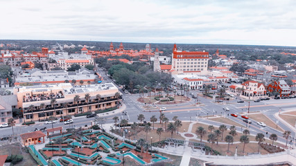 Panoramic aerial view of St Augustine skyline at sunset, Florida