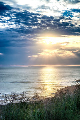 Naklejka premium Beautiful coastline with grass and sunset above the ocean