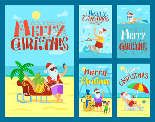 Cartoon Merry Christmas with Santa Claus summer and winter collection vector. Swimming and laying on the beach, shooting and having fun vector
