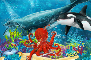 Obraz na płótnie Canvas cartoon scene with whale and killer whale and octopus near coral reef - illustration for children