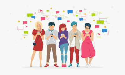 Chat speech bubbles for texting, leaving comment and memes concept flat vector illustration of young teenagers using mobile smartphone for chat texting in messenger app. People standing with bubbles - obrazy, fototapety, plakaty