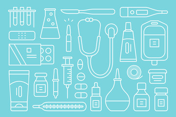 Medical and health care icons. isolated on blue background