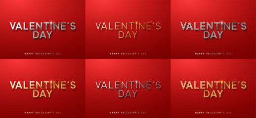 Valentines day. Sale banner, poster, logo golden and silver color on red background. Bright glitters gold font text