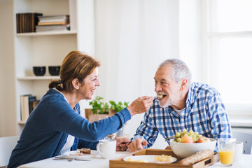 A senior couple sitting at the table at home, having breakfast.