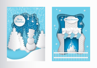 Merry christmas cut out cards snowman in forest and fireplace with burning fire, decorated by Santa socks and fir tree branches. Vector paper greetings