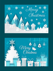 Merry Christmas paper cut greeting card with snowy mountains, abstract houses and snowflakes. Gift boxes and New Year trees, presents and toys vector