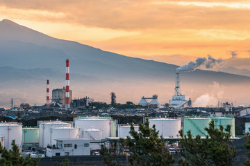 Factory in industry zone at sunset Shizuoka prefecture, Japan.