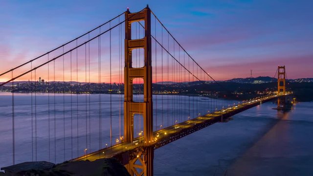 San Francisco Golden Gate bridge at sunrise time lapse with city traffic and skyline.