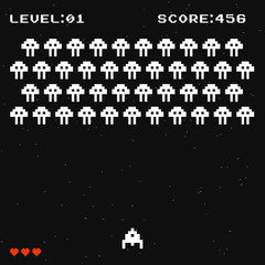 Pixel game in the old style, arcade shooter, alien invasion simulator. Vector set of icons of space ships and aliens. Vintage game. Space war. Old school video game. Interface design.