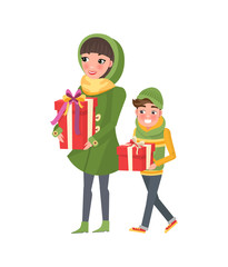 Christmas shopping, people customers in cartoon style. Vector mother and son do shopping together. Young mom and boy with wrapped gift boxes, packages