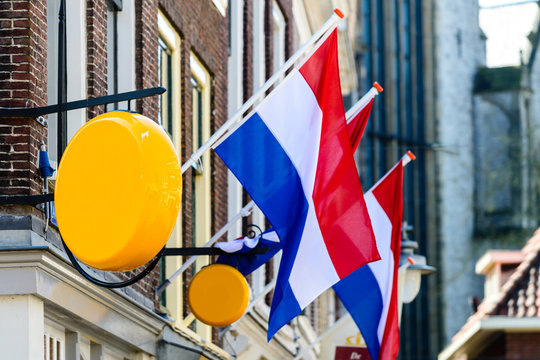 Flag Of The Netherlands Waving On The Building