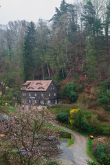 Bastai Dresden Germany.Park Saxon Switzerland.The cliffs are located not far from Rathen near the town of Pirne in the south-east of Dresden.The rocks in the fog.Beautiful landscape.Mountains travel.