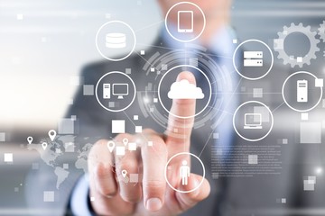 Business and technology concept. Man touching business elements