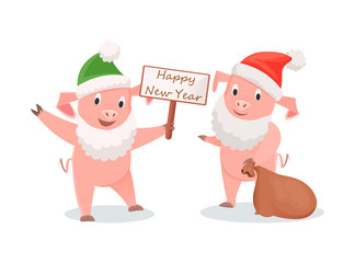 New Year pigs in Santa costume, gifts sack and greeting signboard. White beard and hat on piglets, symbolic animal, winter holidays vector illustrations