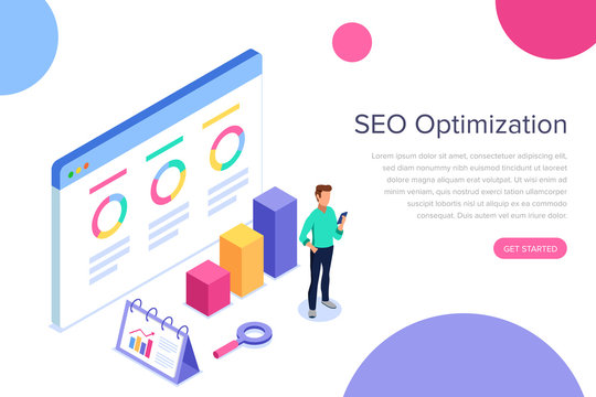 Modern flat design isometric concept of SEO Analysis for banner and website. Search engine optimization, strategies and marketing. Isometric landing page template.