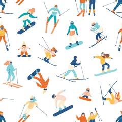 Fototapeta na wymiar Seamless pattern with skiing and snowboarding people on white background. Backdrop with men, women and children performing winter outdoor sports activities. Colorful flat cartoon vector illustration.