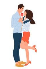Valentine's day card with happy couple. Man giving to his woman a flower. Vector illustration.