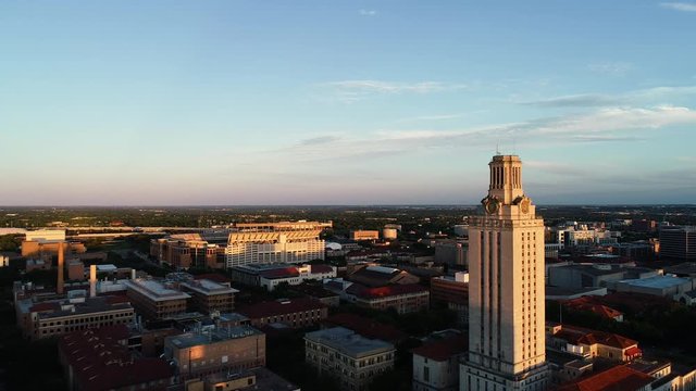 4K Aerial University of Texas UT Tower Austin with Stadium