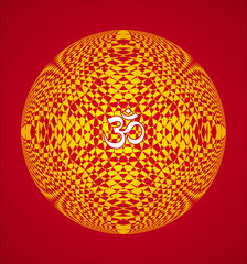 Openwork colorful mandala with the sign Om / Aum / Ohm in the center. yellow and red colors. Circular elegant ornament. Spiritual and esoteric symbol. Vector graphics