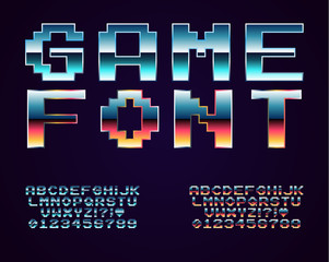 Set of vector letters in retro style. Game design. Font of old games. 8 bit letters and numbers vector alphabet.