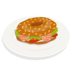 Bagel with cream cheese, salmon, salad and tomato on a plate isolated on white background