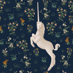 Unicorn wallpaper design, seamless pattern, background in medieval tapestries style, deep blue royal backdrop © Julia