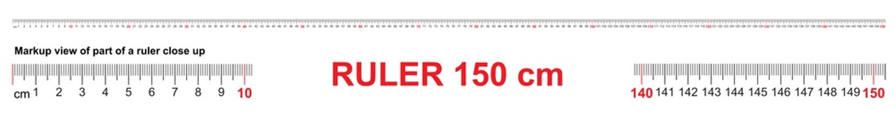 Ruler 150 cm. Precise measuring tool. Ruler scale 1,5 meter. Ruler grid 1500 mm. Metric centimeter size indicators. - obrazy, fototapety, plakaty