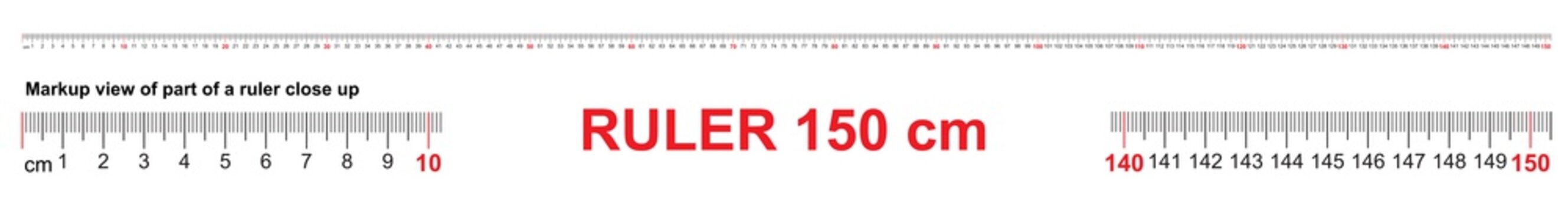 Ruler 150 cm. Precise measuring tool. Ruler scale 1,5 meter. Ruler grid 1500 mm. Metric centimeter size indicators.