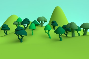 Summer green forest landscape with mountains. 3d rendering