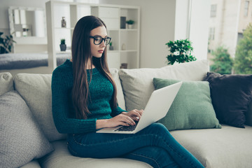 Curious interested lovely intelligent focused concentrated nerd geek she her lady holding netbook...
