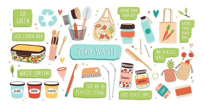 Collection of Zero Waste durable and reusable items or products - glass jars, eco grocery bags, wooden cutlery, comb, toothbrush and brushes, menstrual cup, thermo mug. Flat vector illustration.