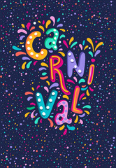 Hand drawn vector Carnival Lettering with Flashes of firework, colorful confetti. Festive title, headline banner.