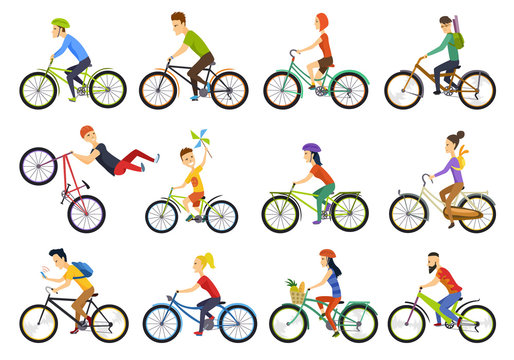 Group of tiny people riding bikes on city. Bike types and cycling sign set. Man, woman, kids. Thin line art icons. Flat style illustrations isolated on white. - Vector.