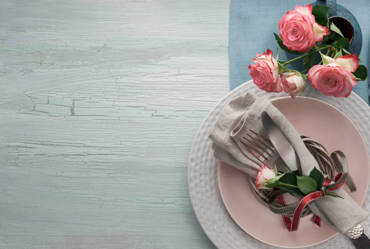 Valentine's Day, Birthday Or Anniversary Table Setup, Top View On Light Rustic Table, Copy-space