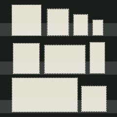 Blank postage stamp set. Toothed border stickers in different size. Vector flat style illustration on dark background