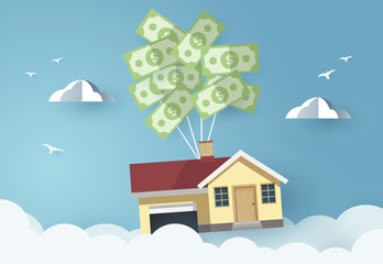  house hanging with money balloon on sky. Paper art