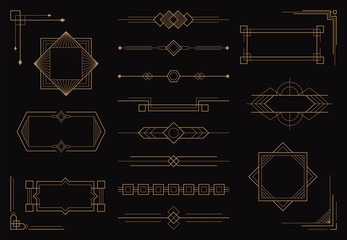 Set of art deco line border patterns and ornaments. Modern creative arabic golden frames,  geometric vintage label, antique vector design template in style of 1920s