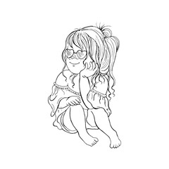 cute black white graphic contour drawn girl isolated on white background