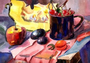 Different vegetables, isolated on the white background in vector. Tomatoes, apple,pumpkin, plum, cherry.