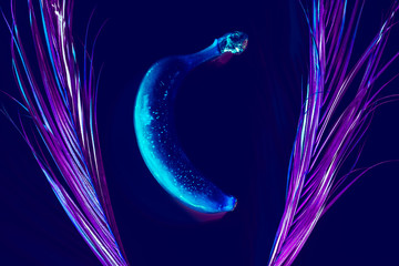 Neon purple conceptual art. Minimal palm leaves and banana layout.