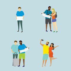 Fototapeta na wymiar Different people travelers with suitcases and characters with gadgets
