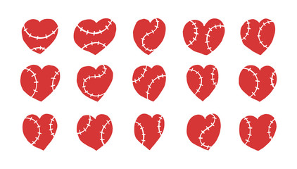 Collection of vector hearts for baseball isolated. Hand drawing, sketch elements for design for Valentine's Day, print on T-shirt, postcard, cover.